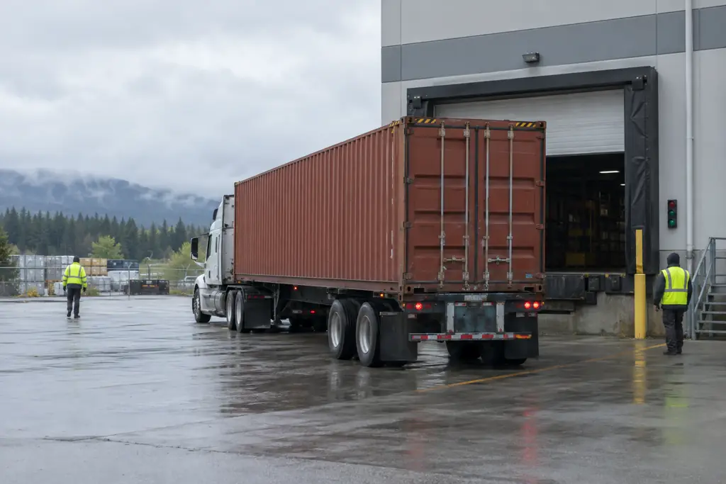 Semi truck backing a shipping container up to a warehouse loading dock